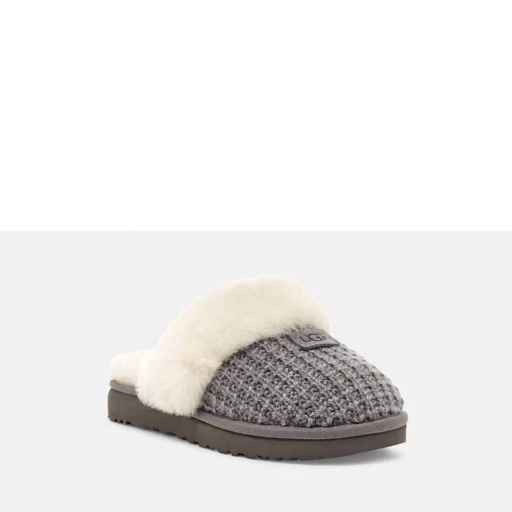 UGG Gray Knit Shearling Clog Sandals with Cream Fur Trim NWOT